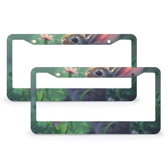2 Pieces Rabbit With Flower And Butterflies License Plate Frame Watercolor Cute Rabbit Bunny Personalized License Plate Frame Quality Aluminum 2 Holes Fits All Car