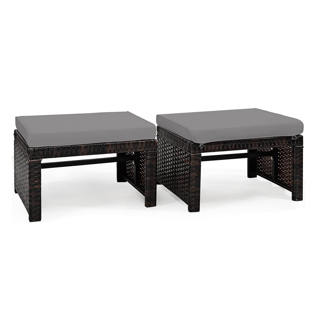 2 Piece Outdoor Ottoman Set, All Weather PE Rattan Footrest with Reinforced Steel Frame, Soft Cushion for Patio Deck Porch, Grey