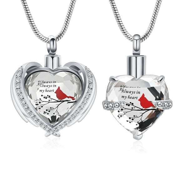 2 Pieces Red Cardinal Urn Necklace for Ashes Keepsake Memorial Crystal Heart Urn Locket for Human/Pet Cremation Jewelry for Men Women