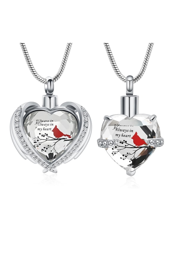 2 Pieces Red Cardinal Urn Necklace for Ashes Keepsake Memorial Crystal Heart Urn Locket for Human/Pet Cremation Jewelry for Men Women