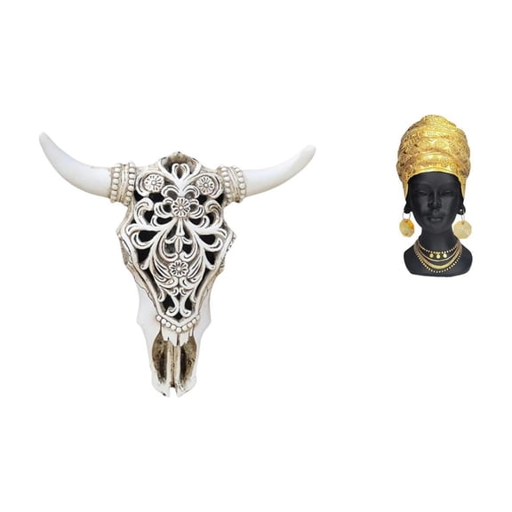 2 Pieces Resin Cow Head Wall Decor Skull Wall Sculpture African Woman Statue Modern Design for Living Room Office Spaces