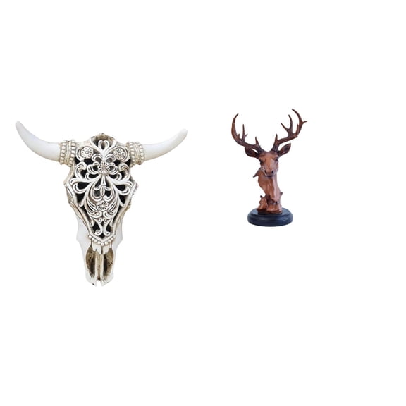 2 Pieces Resin Cow Head Wall Decor Skull Wall Sculpture Deer Head Figurine Moderate Size for Home Office Restaurant