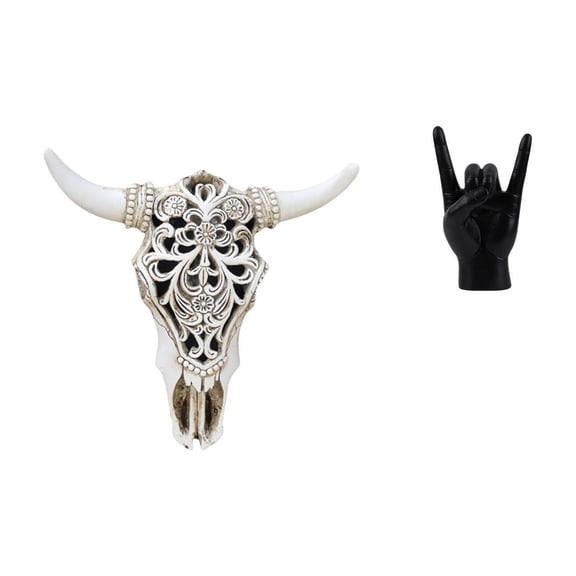 2 Pieces Resin Cow Head Wall Decor Skull Wall Sculpture Rock Gesture Statue Unique Pattern for Apartment Bedroom Office
