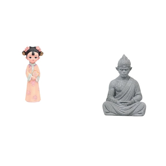 2 Pieces Resin Doll Statue Monkey Buddha Figurine Miniature Folk Ethnic Dress Ornament for Living Room Desk Garden Shelf