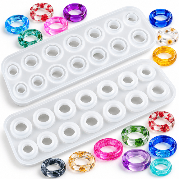 2 Pieces Resin Ring Molds Silicone, Silicone Molds for Epoxy Resin, 14 Sizes with Round and Rhombic Faces Making Rings, Earrings, Pendants, Crafts Gifts