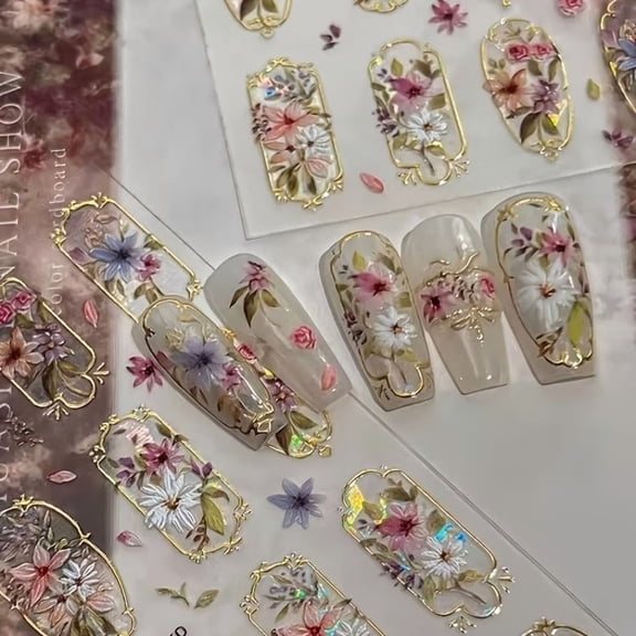 2 Pieces Retro Bohemian Window Flower Nail Art Stickers - Self-Adhesive Floral Nail Wraps for DIY Manicure, Perfect for Weddings and Parties