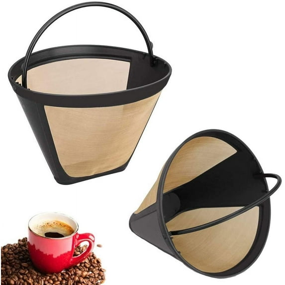 2 Pieces Reusable Coffee Filters, Coffee Filter Mesh, Permanent Reusable Coffee Filter, Stainless Steel Permanent Reusable Fine Net with Handle for Most Coffee Makers (Gold)