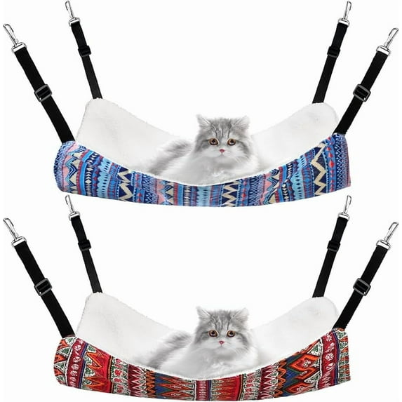 2 Pieces Reversible Cat Hanging Hammock Soft Breathable Pet Cage Hammock with Adjustable Straps and Metal Hooks Double Sided Hanging Bed for Small Dogs Rabbits(Cat and Plaid,L)