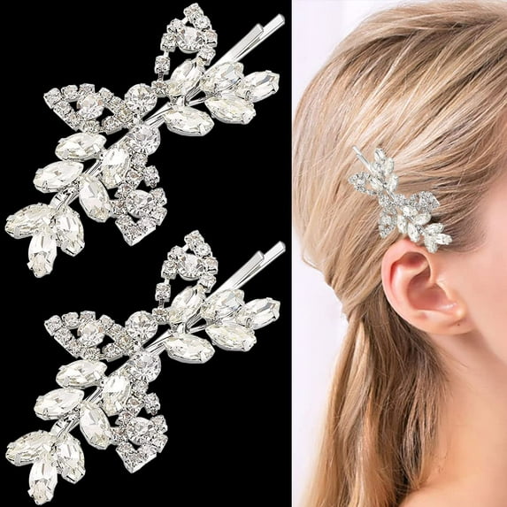 2 Pieces Rhinestone Bridal Hair Clips Leaf Bridal Wedding Hair Pins Crystal Hair Clips Silver Rhinestone Jewelry Barrette for Brides Bridesmaids Flower Girls