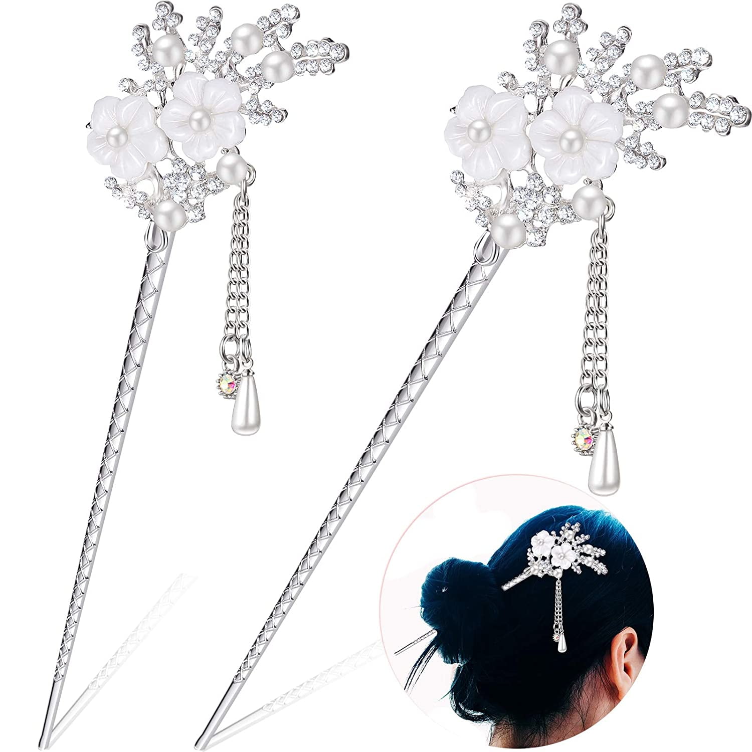 2 Pieces Rhinestone Pearl Flower Hair Stick Vintage Chinese Hair Chopsticks Vintage Tassel Hair Pin Chignon Pin Chopsticks Hair Styling Hair Making Accessories for Women (Silver)