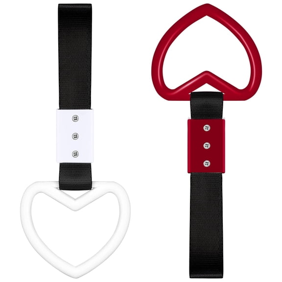 2 Pieces Rings Heart Shaped Car Handle Straps Drift Charm Rear Bumper Warning Ring Decor Subway Bus Broken Heart Handle for Car Interior (White and Red with Black Rope)