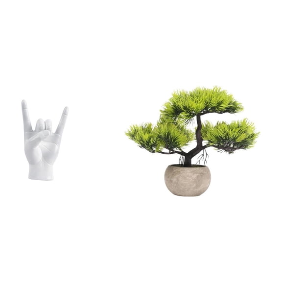 2 Pieces Rock Gesture Statue Artificial Bonsai Tree Faux Plant Resin Material for Restaurant Desk Decor