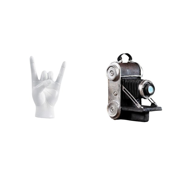 2 Pieces Rock Gesture Statue Camera Figurine Resin Craft Compact Size for Home Office Apartment Desk Decor