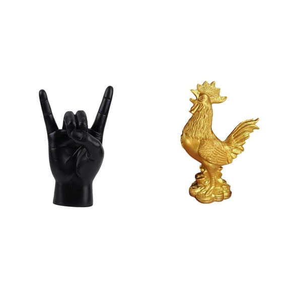 2 Pieces Rock Gesture Statue Chicken Figurine Rooster Sculpture Resin Material for Home Apartment Office Decor