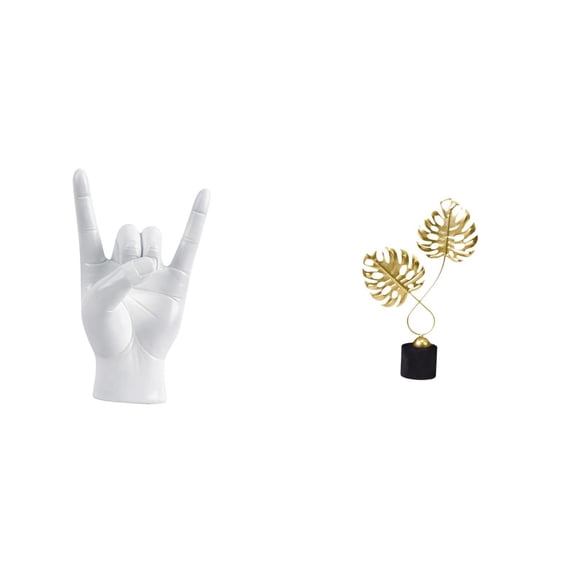 2 Pieces Rock Gesture Statue Leaf Figurine Modern Resin Iron Artwork for Home Office Apartment Decor