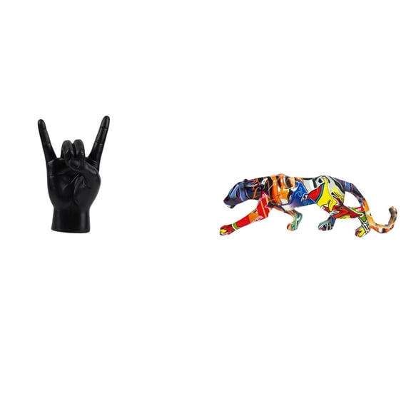 2 Pieces Rock Music Gesture Hand Sculpture Leopard Figurine Modern Resin Craft for Apartment Shelf