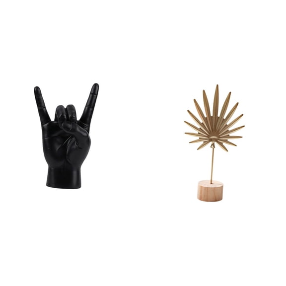 2 Pieces Rock Music Gesture Hand Statue Leaf Sculpture Figurine Iron Resin Wood Base for Home Office Bar Decor