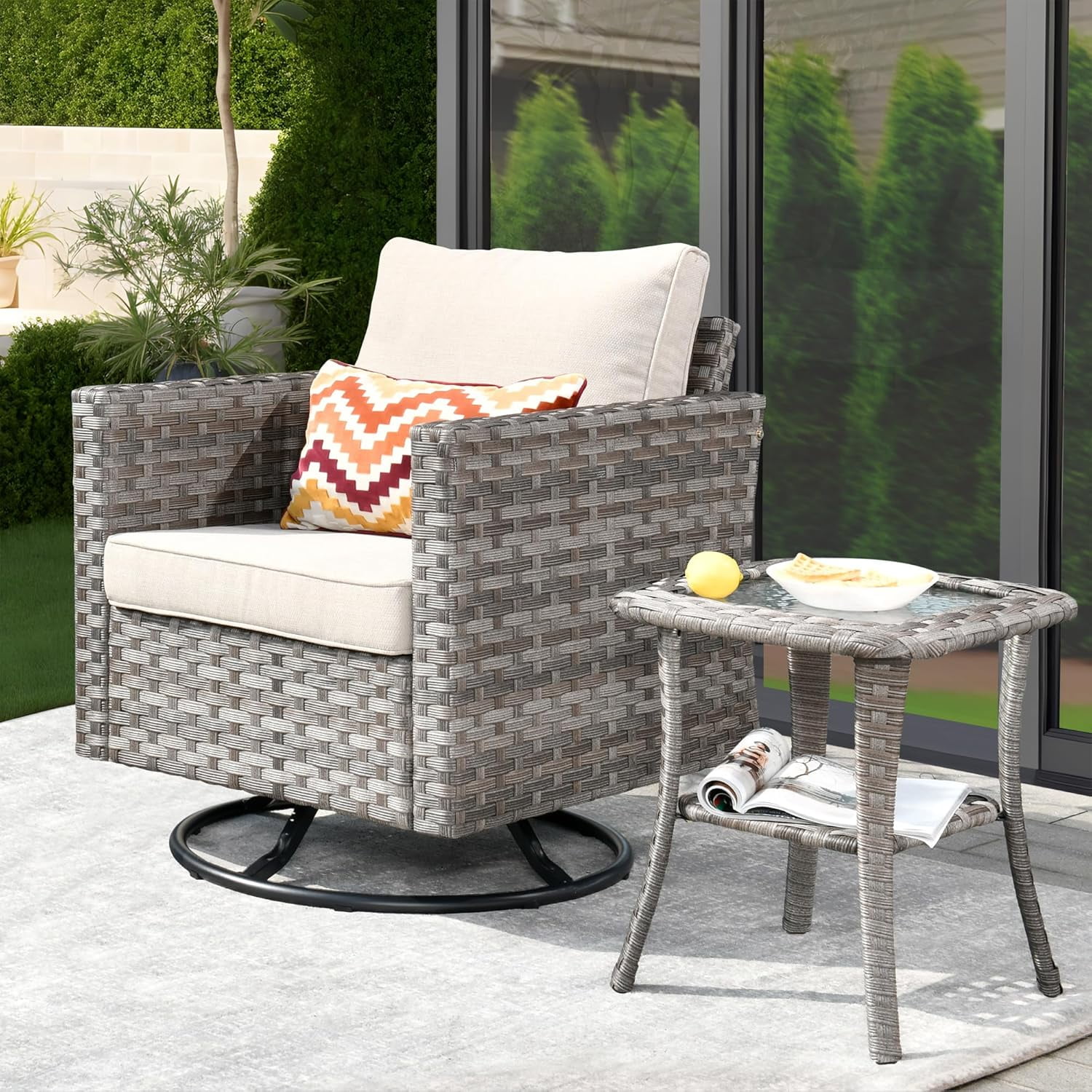 2 Pieces Rocking Chair Set with Side Outdoor Wicker Chair with Glass ...