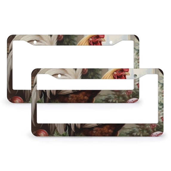 2 Pieces Rooster Christmas License Plate Frames Organic Chicken License Plate Frame License Plate Shield Frame Aluminum 2 Round Holes for Men/Women