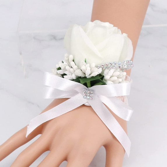 2 Pieces Rose Wrist Corsage Boutonniere Set, Artificial Bride Hand Flowers, Groom Boutonniere for Wedding Prom Party Hand Flower Decoration, Anniversary Ceremony (White)