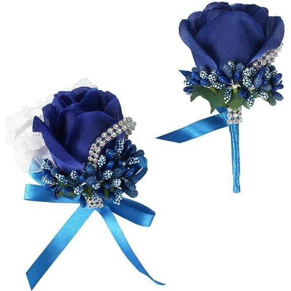 2 Pieces Rose Wrist Corsage Boutonniere Set, Artificial Bride Hand Flowers, Groom Boutonniere for Wedding Prom Party Hand Flower Decoration, Anniversary Ceremony (Blue)