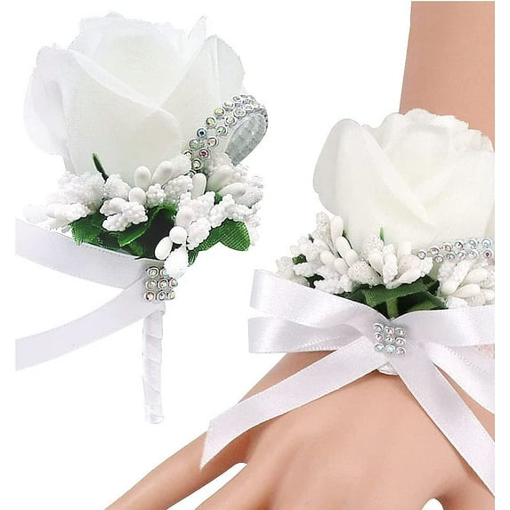2 Pieces Rose Wrist Corsage Boutonniere Set, Artificial Bride Hand Flowers, Groom Boutonniere for Wedding Prom Party Hand Flower Decoration, Anniversary Ceremony (White)