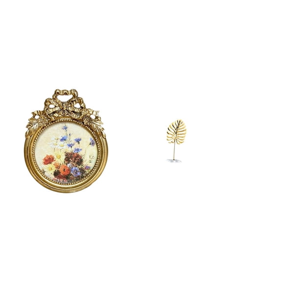 2 Pieces Round Picture Frame Leaf Sculpture Metal Statue Elegant Resin Craft for Living Room Wedding Decor