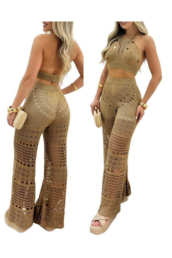 2 Pieces Round Sequin Knitted Halter Sleeveless Crop Top and Casual Strechy Waist Wide Leg Knit Pants Set