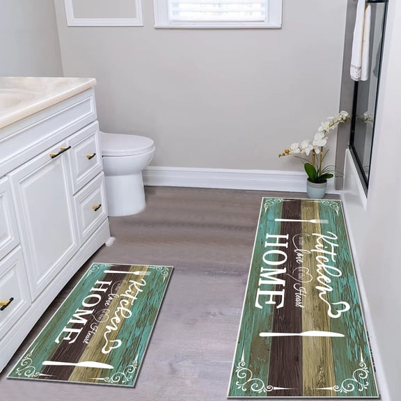 2 Pieces Rug Set, Non-Slip Mats Soft Kitchen Area Rugs, Suitable for Kitchens, Laundry Rooms, and Hallways (Teal, 20" x 32" + 20"x 48")