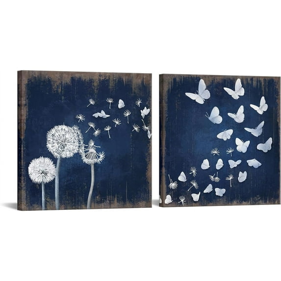 2 Pieces Rustic Dandelion Butterfly Canvas Wall Art Wish Flowers Navy Blue Picture Artwork for Bathroom Bedroom Home Decor Ready to Hang 12x12inchx2pcs (Blue and White)
