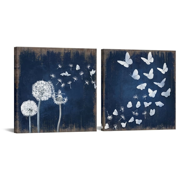 2 Pieces Rustic Navy Dandelion Butterfly Canvas Wall Art Wish Flowers Picture Artwork for Bathroom Bedroom Home Decor Ready to Hang 12x12inchx2pcs (Blue and White)