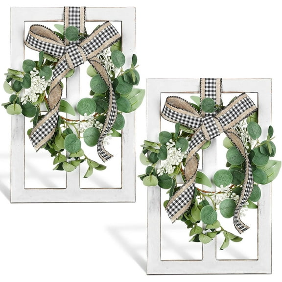 2 Pieces Rustic Window Frame Wall Decor Farmhouse Decor Wood Frame with Eucalyptus Wreath Living Room Wall Art Plaid Bow Wooden Fake Window Decoration, 13.8 x 7.9 Inch(Black White Plaid)