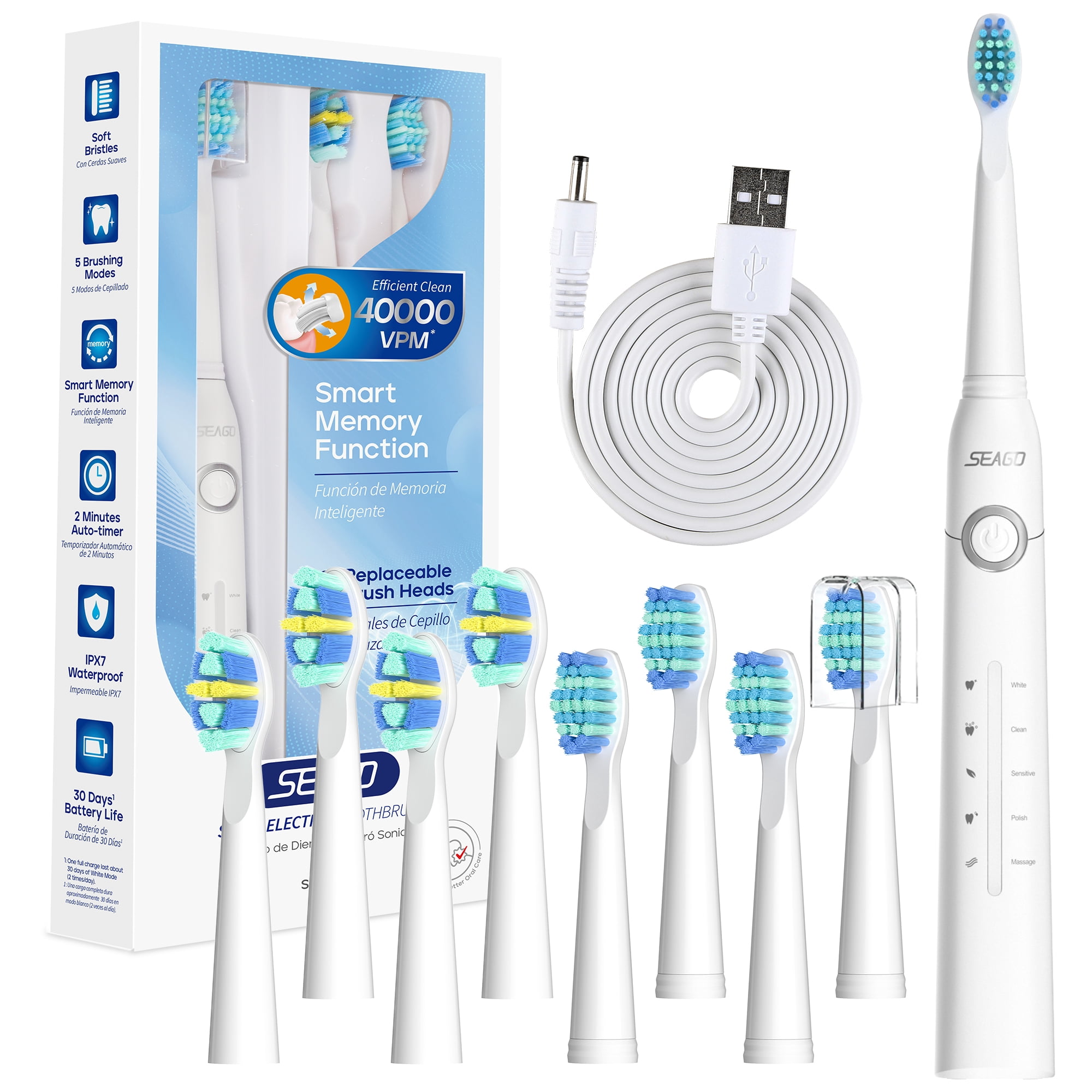 Seago, Sonic Electric Toothbrush, SG958, 8 Brush Heads - Walmart.com