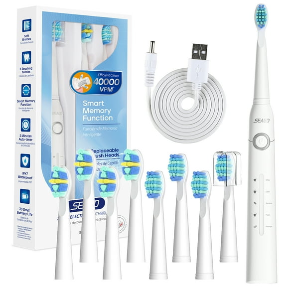 Seago Sonic Electric Toothbrush For Adult, 8 Brush Heads, 1USB charging cable,40000VPM,White SG958