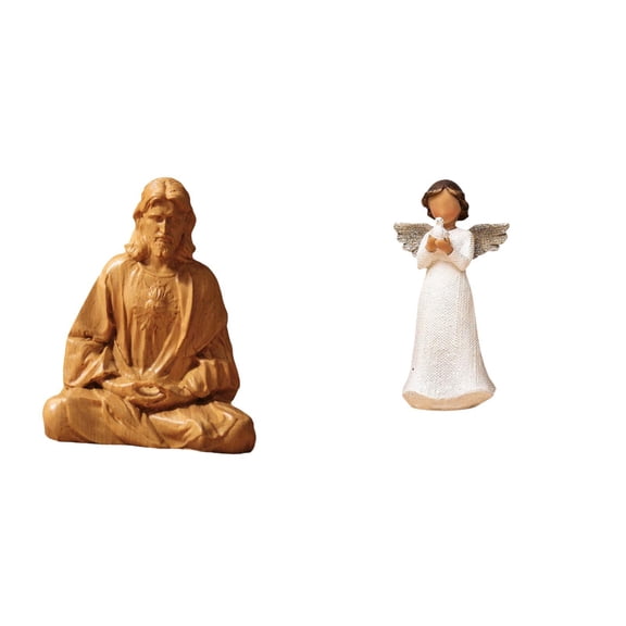 2 Pieces Sacred Heart Statue Angel Figurine Resin Material Home Religious Decor for Living Room Office Bedroom