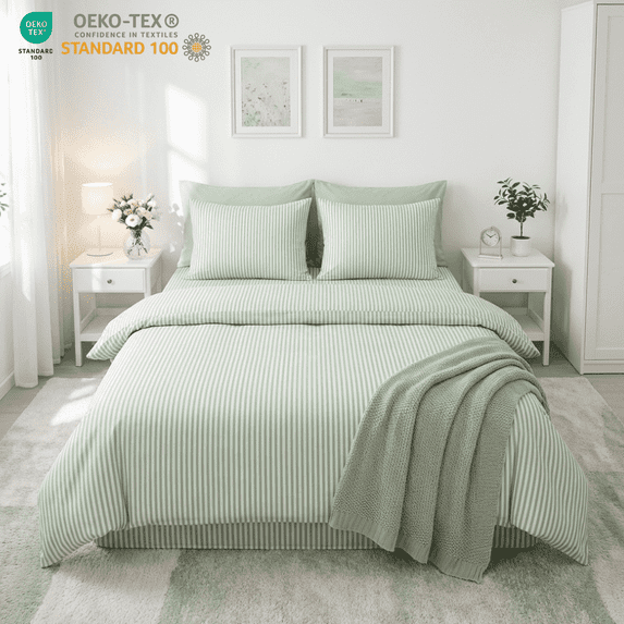 2 Pieces Sage Green Striped Comforter Set Vertical Stripes Pattern Bedding Set Farmhouse Breathable Durable Soft Twin Quilt Set for All Season