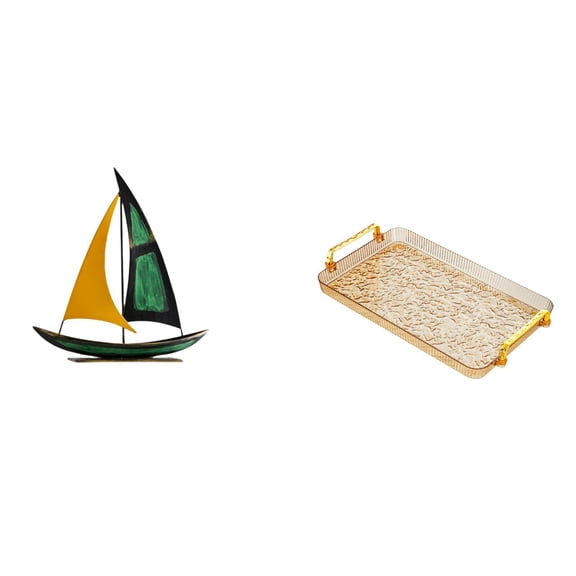 2 Pieces Sailboat Figurine Iron Sculpture Serving Tray with Handle for Home Office Desk Table Centerpiece Decoration