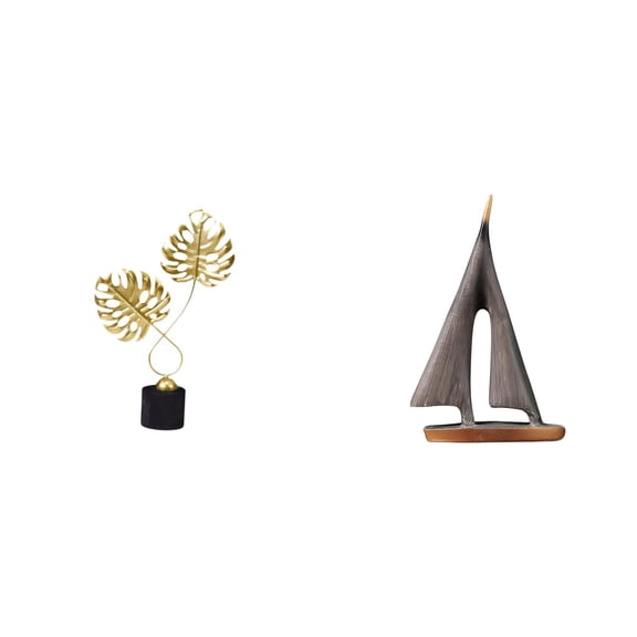 2 Pieces Sailboat Model Figurine Leaf Statue Resin Artwork for Bedroom Cabinet Housewarming Holiday Decor