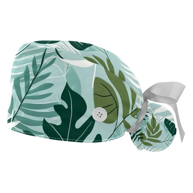 2 Pieces，Scrub caps women,Tropical leaves,Chef hat,Nurse scrub cap,For