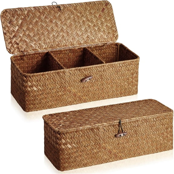 2 Pieces Seagrass Baskets with Lid, Rectangular Hand Woven Wicker Bin Storage Box for Shelves Organizing, Small Rustic Home Storage Organizer Container (Khaki,12.6 x 4.72 x 4.33 Inches)