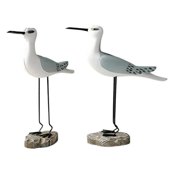 2 Pieces Seagull Figurines Bird Statue Desktop Ornaments Wooden for Nautical Coastal Ocean Home Decoration
