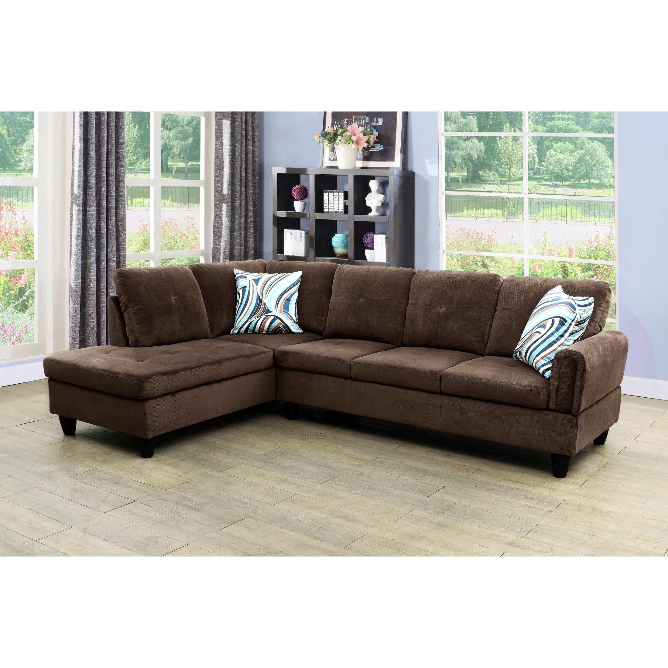 Brown Corduroy Fabric Sectional Sofa with Ottoman and Pillows