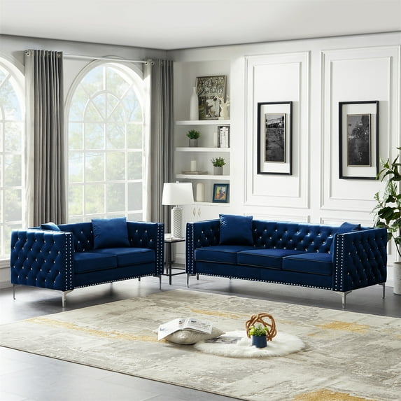 2 Pieces Sectional Sofa Couch Set, Modern Velvet Tufted Upholstered Living Room Sofa Set with 3 Seater Sofa and Loveseat with Metal Legs & Jeweled Button & Copper Nails, 4 Pillows Included, Blue