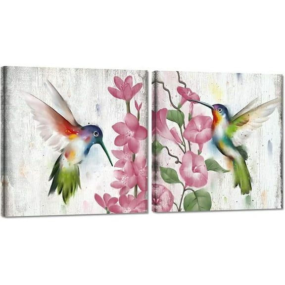 2 Pieces Set Abstract Birds Wall Art Hummingbirds and Flower Poster Print on Canvas for Living Room Bedroom Home Decoration Stretched and Framed Ready to Hang 12x12inchx2pcs
