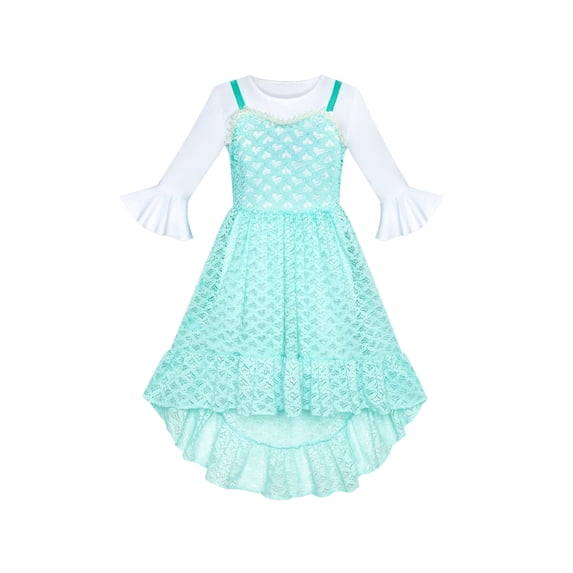 2 Pieces Set Girls Dress White Long Shirt Lace Hi-low Dress 6 Years