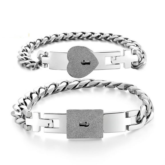 2 Pieces/Set Matching Bracelets Gift for Couples Lover Heart Lock for Key Stainless Steel Lock for Key Bangle B