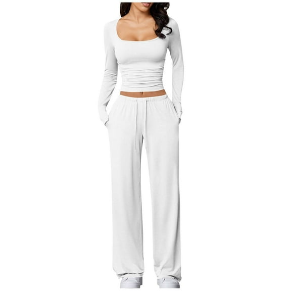 2 Pieces Sets for Womens Baggy Stretchy Wide Leg Sweatpants High Waisted Hip Lift Drawstring Elastic Waist Trousers Loose Foitted Comfort Casual Blouses Square Neck Long Sleeve Sweatshirts Tops 2025