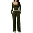 thumbnail image 1 of 2 Pieces Sets for Womens,Women's Baggy Stretchy Wide Leg Sweatpants,Women's High Waisted Hip Lift Elastic Waist Trousers Loose Foitted Comfort Casual Blouses Square Neck Long Sleeve Sweatshirts Tops, 1 of 7