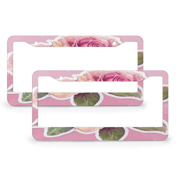 2 Pieces Shabby Chic Pink Roses License Plate Cover Pink Blooming Romantic Roses Auto Decorative Frames Cars Protector Cover Holder Metal 2 Holes for Men/Women for Men Women Vehicle