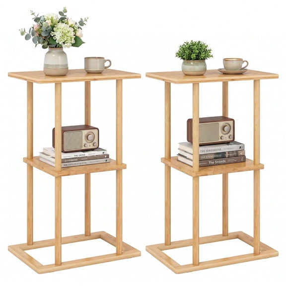 2 Pieces Side Table With Storage Shelves, Bamboo Construction Multipurpose End Table For Living Room